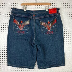 Coogi 90s Baggy Jean Shorts Size 42 Embroidered Stitched Red Pockets Hip Hop